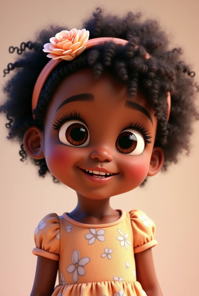 two years old dark skin round face short curly hair with a headband floral dress round eyes big eyelashes small teeth and full mouth Pixar 3D