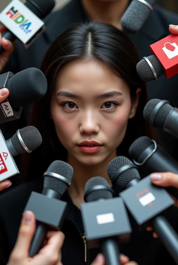 (photorealism:1.2), a picture of a young woman surrounded by journalists, with the angle only showing her face surrounded by microphones,