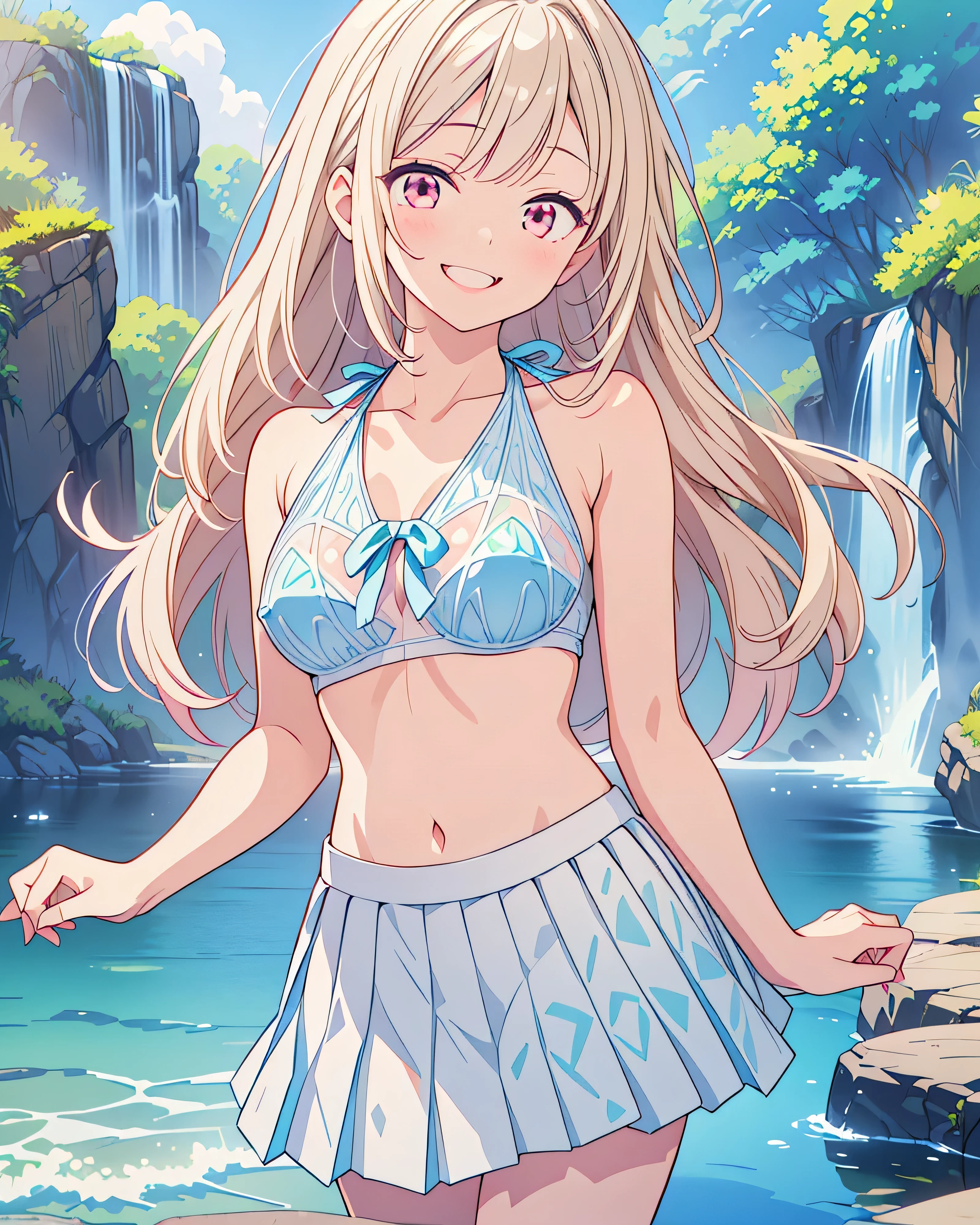 Highest quality, 32K, High resolution, masterpiece:1.5, One beautiful girl, Illustration with anime touch, Rich emotional expression, An exceptionally beautiful face, Perfect Human Anatomy, Perfect hands, Thumb and4Finger, Big red eyes, ((A mischievous smile:1.5)), Shiny ash beige hair, Medium Hair, Asymmetrical bangs, Hair between the eyes, Transparent, soft white skin, Detailed and cute lips, ((Pastel patterned bikini:1.3)), ((Pleated skirt:1.3)), Valley, Detailed and beautiful waterfall, water droplets, ((Blue transparent water:1.2)), ((Super detailed:1.2)), Beautiful detailed blue sky, mysterious