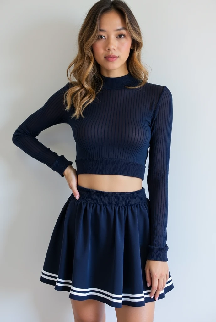 Create a set: blusa cropped manga longa, with ribbed cuff and collar, and elastic at the waist of the blouse + mini skirt flared, with elastic waistband, detail of two narrow white stripes on the hem of the skirt;
navy blue mesh