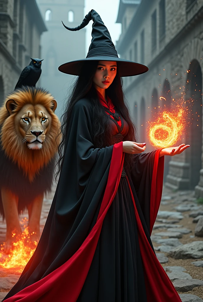 photo, asian woman, white skin, Facing straight, Fluffy black hair, Long slender fingers, Black witch cloak, Red Hood, black witch hat, Sexy, There is a fireball in his hand., There were several red sparks and red smoke coming out of his hand., A black owl stands on the right shoulder., A large golden lion appeared from the left rear side., The background is an old black European style castle.