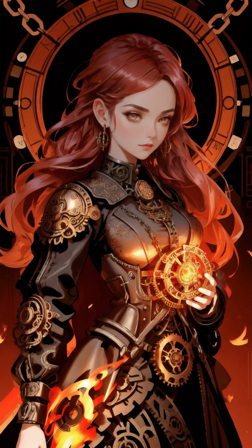 Design an artwork of a mechanical girl entwined in chains, set against a backdrop of a fiery vault. Her body, composed of intricate gears and clockwork, contrasts with the vibrant flames behind her. The setting should feature elaborate metallic engravings and a steampunk aesthetic, emphasizing red and metallic hues for a dramatic effect