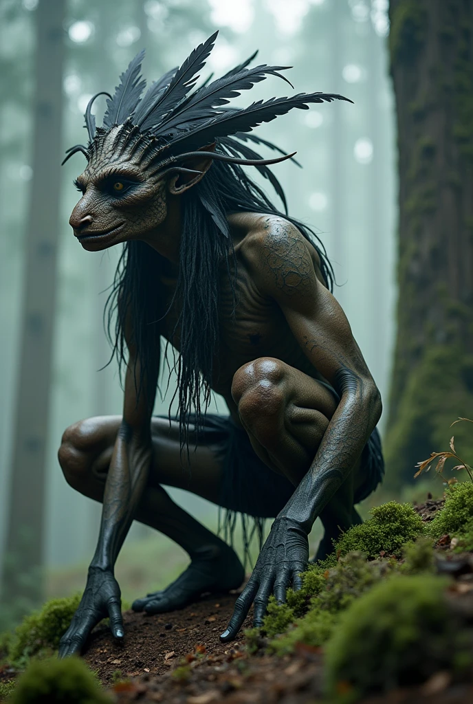 Genrate a highly detailed and atmospheric scene of a mystical forest creature crouching in a misty woodland setting. The creature has an otherworldly appearance,with intricate body paint resembling cracked earth,and wears elaborate feathered adornment, including a headdress made of dark and light feathers.