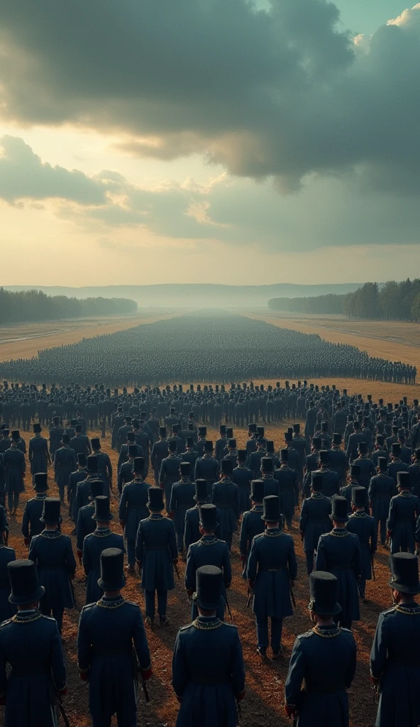 A cinematic panorama of a vast, flat battlefield with 2 million French soldiers in tight formation. The soldiers are dressed in Napoleonic-era uniforms with striking blue coats and tall shakos. The scene is expansive and meticulously arranged, set against a dramatic, stormy sky with rich, cinematic colors that enhance the grandeur and intensity of the moment.