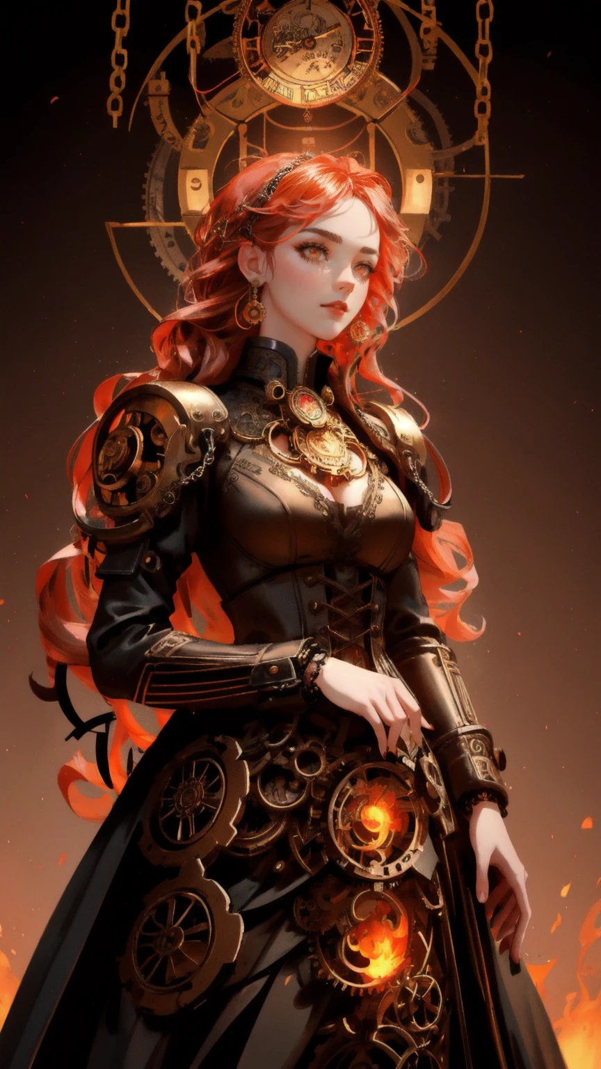 Design an artwork of a mechanical girl entwined in chains, set against a backdrop of a fiery vault. Her body, composed of intricate gears and clockwork, contrasts with the vibrant flames behind her. The setting should feature elaborate metallic engravings and a steampunk aesthetic, emphasizing red and metallic hues for a dramatic effect