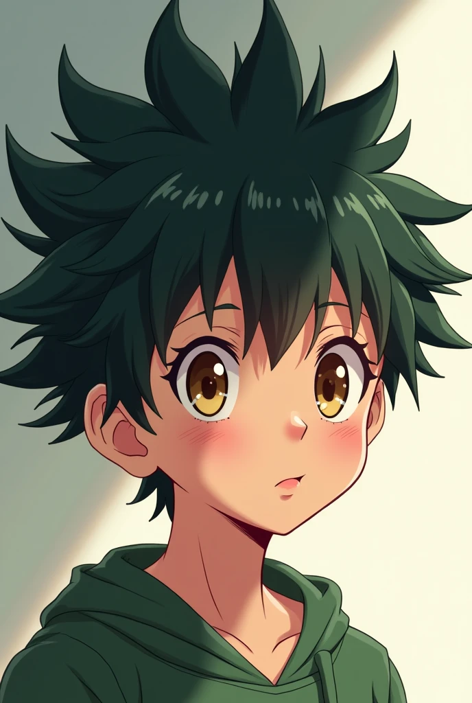 YOU COULD CREATE A CHARACTER WITH ANIME AESTHETICS THAT HAS BLACK HAIR WITH DARK GREEN SPIKED UP, A WELL-DEFINED FACE THAT TRANSMITS INNOCENCE, KINDNESS, LIGHT BROWN EYES