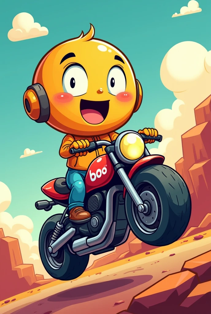 Cartoon Question Mark(?) , driving a motorbike, on the motorbike with the letters BO