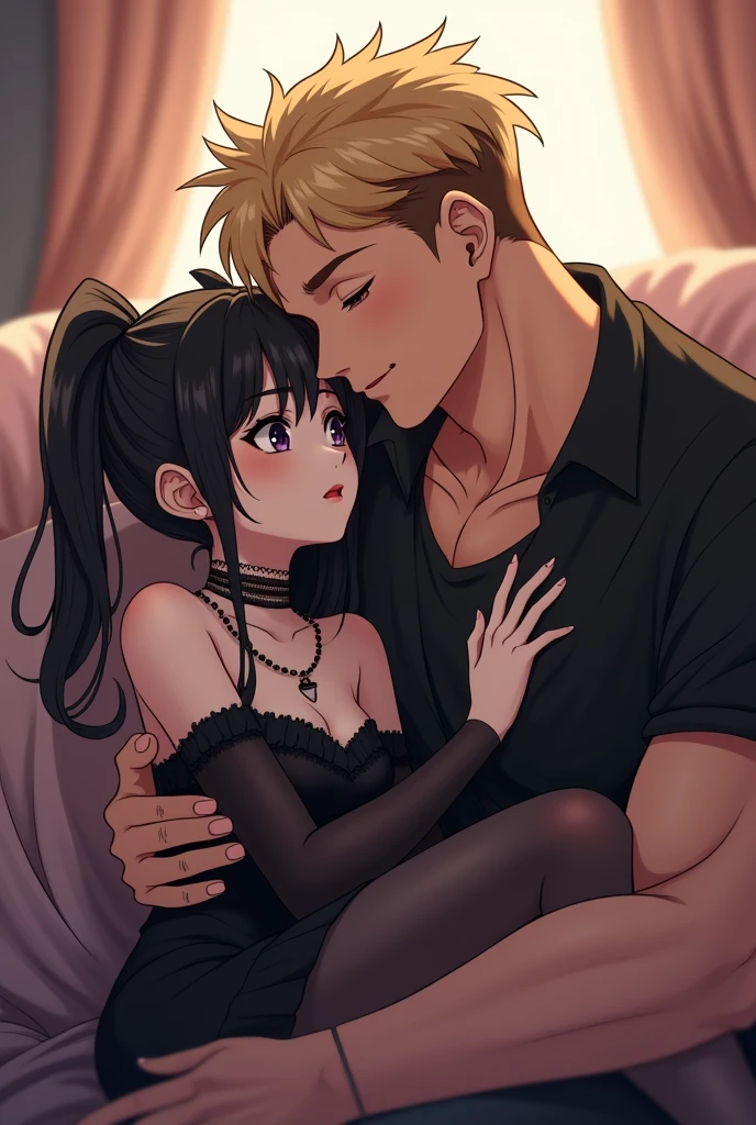 A very cute goth femboy boy with his strong blond boyfriend, they are very much in love with each other, The two spend a lot of time together and like to cuddle all the time., they are both approximately 2, Image made with anime lines