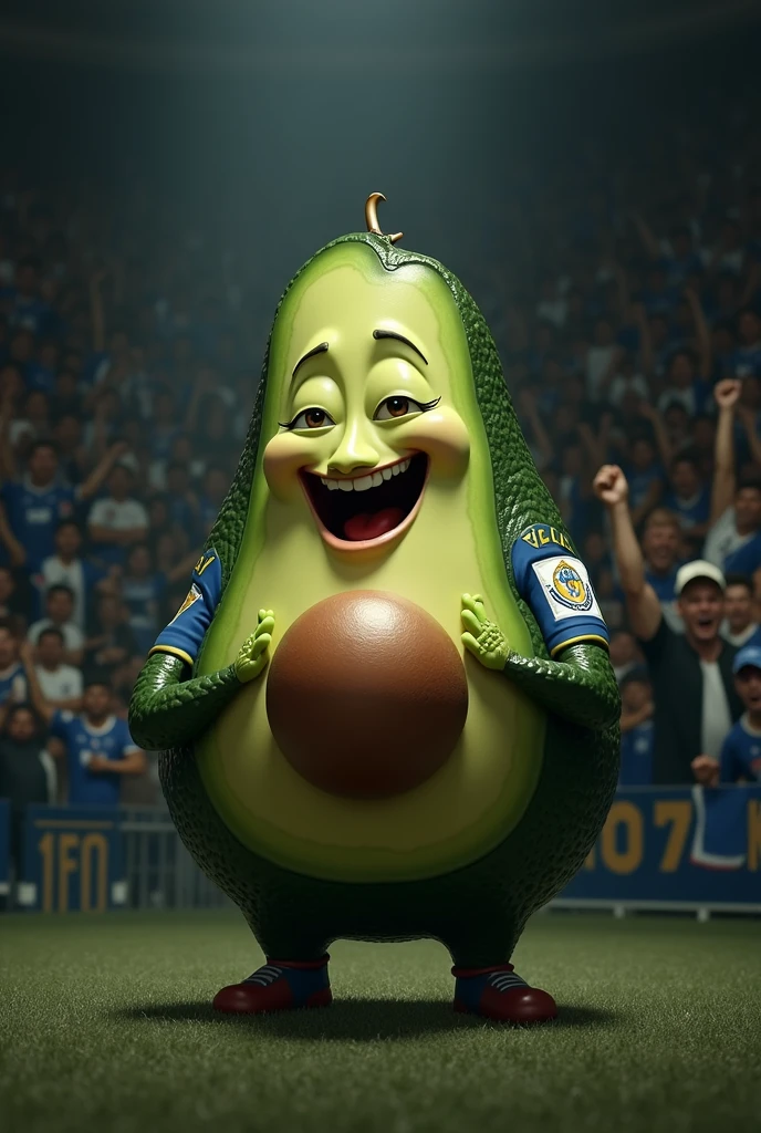 An avocado personified in human form, with the shirt of the Honduras national team, the Central American country that has a blue, white and blue flag in the stadium shouting