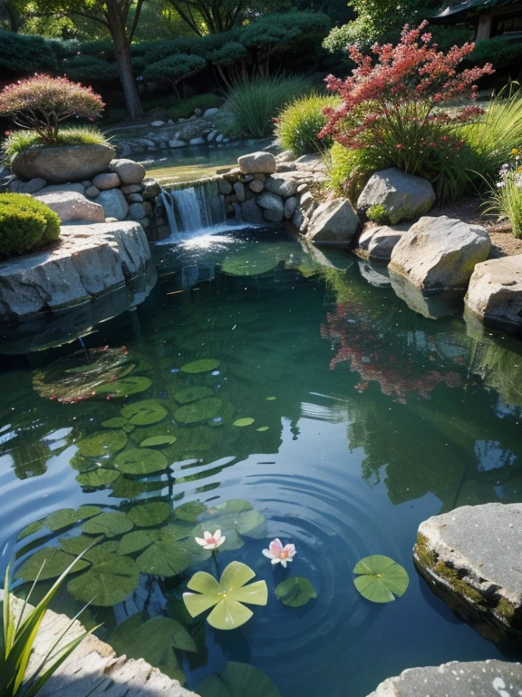 photorealistic image of a pond with clear water that shows the bottom, flower fish, Japanese style garden of smooth rocks surrounding the pond, ultra-high resolution, realistic, highly detailed 8K, masterpiece
