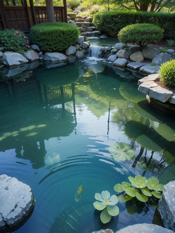 photorealistic image of a pond with clear water that shows the bottom, flower fish, Japanese style garden of smooth rocks surrounding the pond, ultra-high resolution, realistic, highly detailed 8K, masterpiece