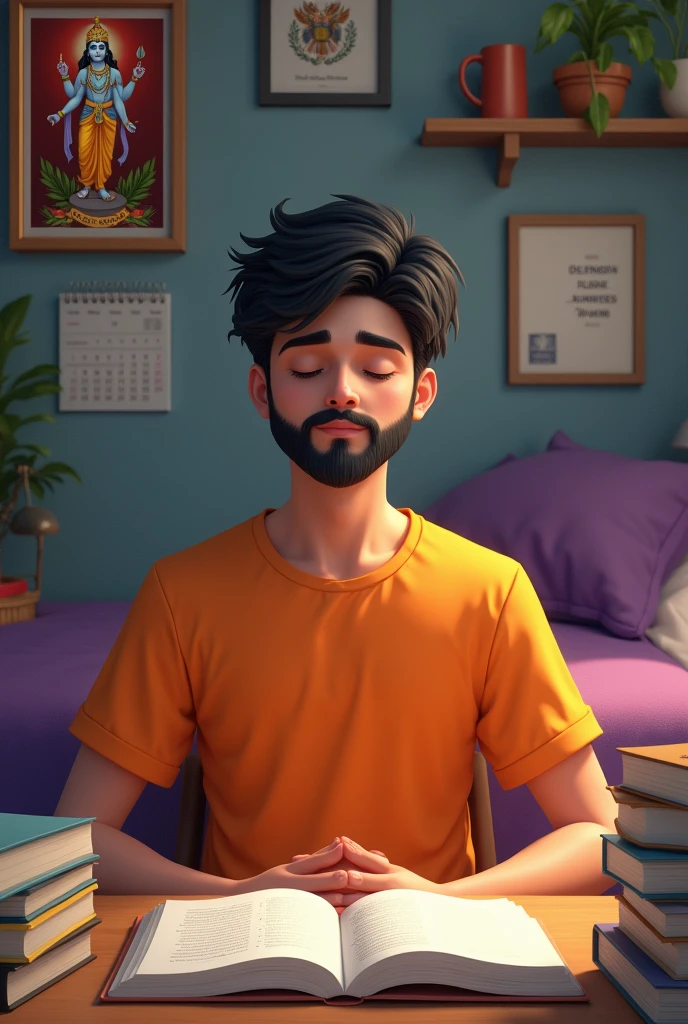 A boy white in colour with black beard faces sitting in front of her reading table wearing a orange color t-shirt.Her reading table is well organized with medical books.In front of his reading table there is a picture lord krishna,some important notes and a calender hanging in tha wall.There are some crest also present in hos table.Beside her table there is a well organozed bed with violet in color.