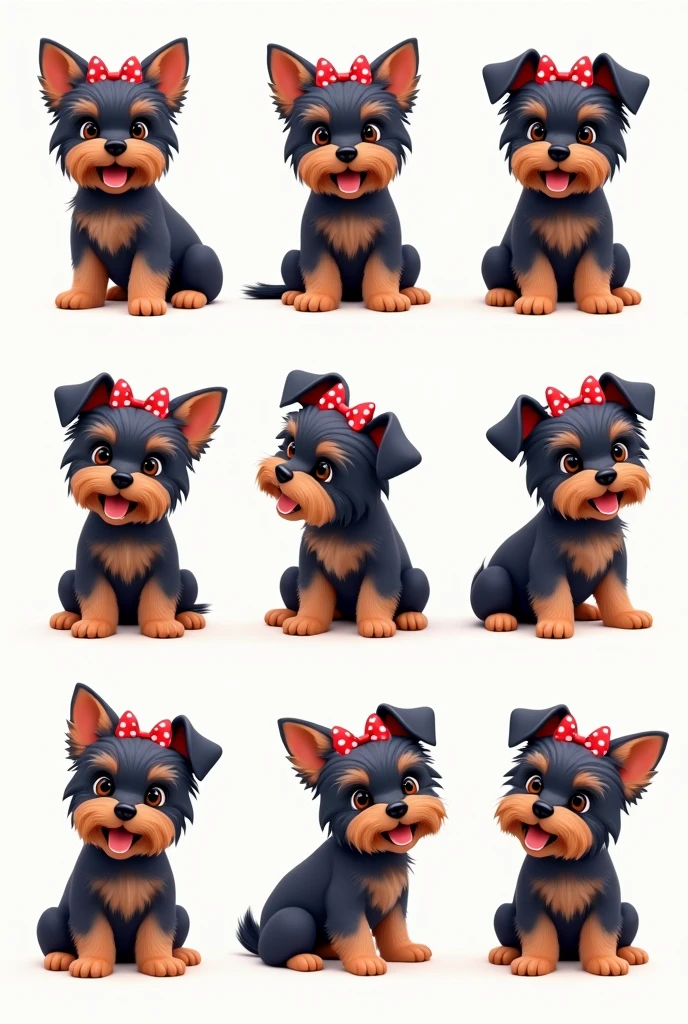 A set of 9 cute cute adorable Yorkshire Terrier puppy with a black-blue coat, lighter shades on face and paws. Her fur is long silky and smooth, triangolar ears, Fur length on the body: around 5 cm , Fur length on the ears: about 3 cm, ear dimensions: approximately 3 cm in length and 3 cm in width, fur length on the ears: about 3 cm. The Yorkshire wears TWO small red bows with white polka dots and mid long pigtails on her head, full-body poses, includes emotions like happy, sad, angry, surprised, shy, bored, thinking, dancing, and sleepy, consistent style, animated illustration, ultra-detailed, clear outlines, 8K resolution