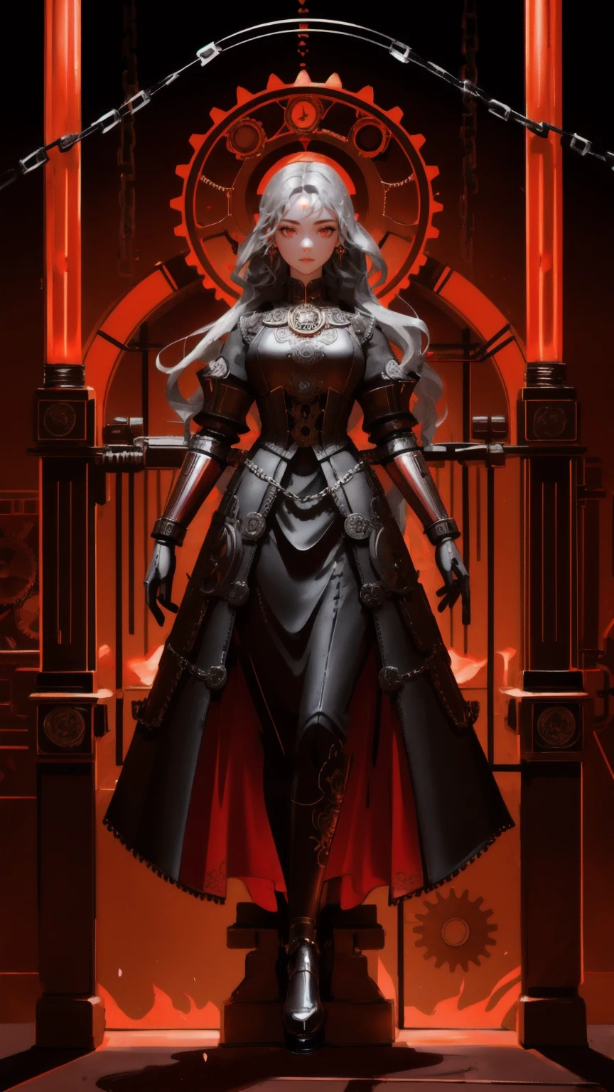 Illustrate a scene with a female automaton bound by heavy chains in a vault-like chamber, surrounded by a fiery glow. Her mechanical structure should be detailed with gears, dials, and metal plates, set against ornate, ancient metallic designs that fill the background. The palette should focus on deep reds and gleaming silvers to enhance the visual impact