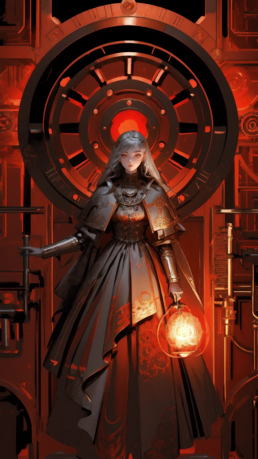Illustrate a scene with a female automaton bound by heavy chains in a vault-like chamber, surrounded by a fiery glow. Her mechanical structure should be detailed with gears, dials, and metal plates, set against ornate, ancient metallic designs that fill the background. The palette should focus on deep reds and gleaming silvers to enhance the visual impact