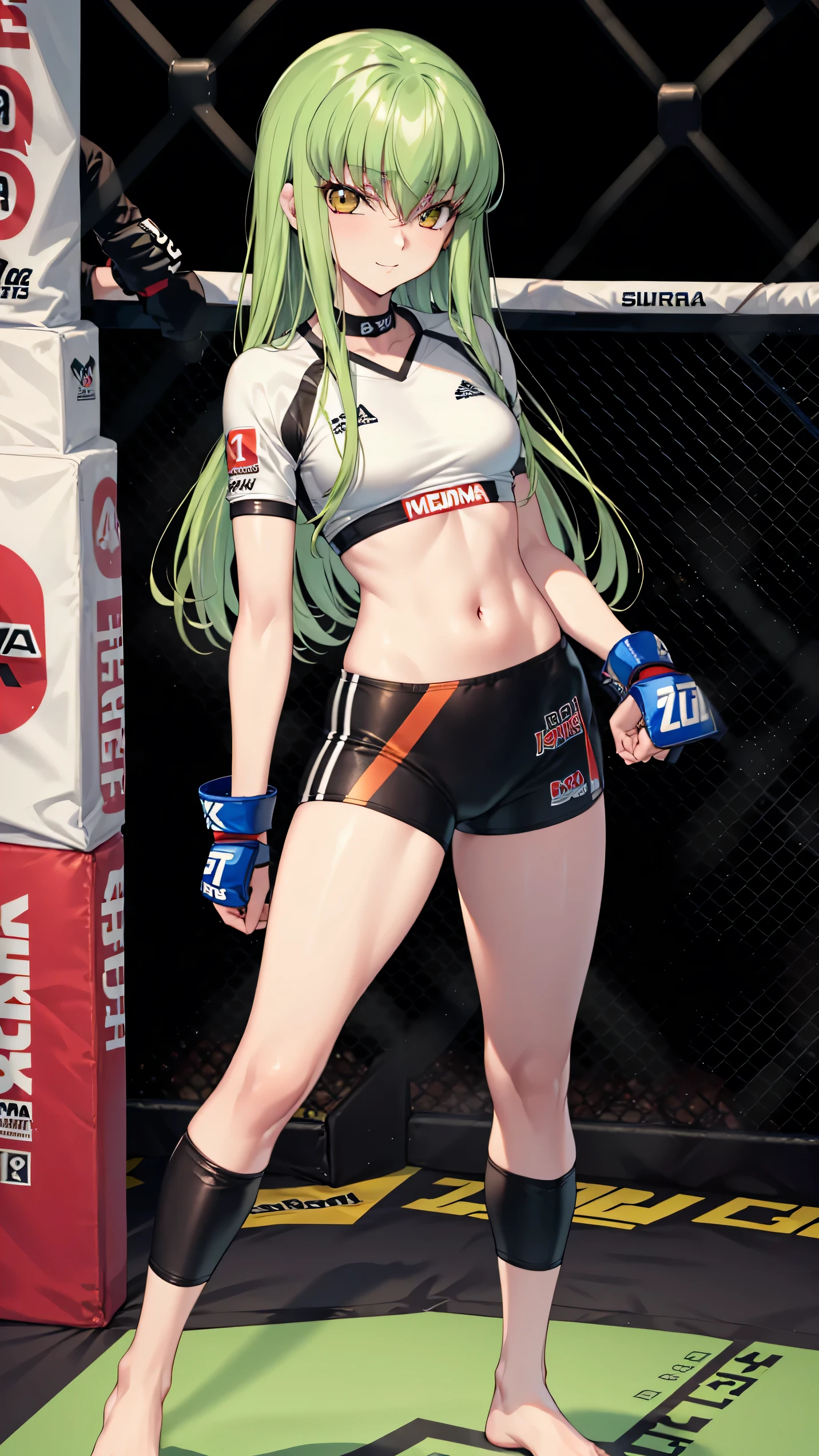 CC_Code Geass, Hair between the eyes, Very long hair 1 person, Bright light, smirking, alone, Full body shot, (masterpiece, Highest quality), 8k, Intricate details, (on MMA Arena :1.5), (wearing MMA uniform:1.5, white tops and black bottoms:1.3), thigh, belly button,Slender body,Slim,((Highest quality)), Sharp focus: 1.2, Highly detailed face, Highly detailed eye,Toned stomach,