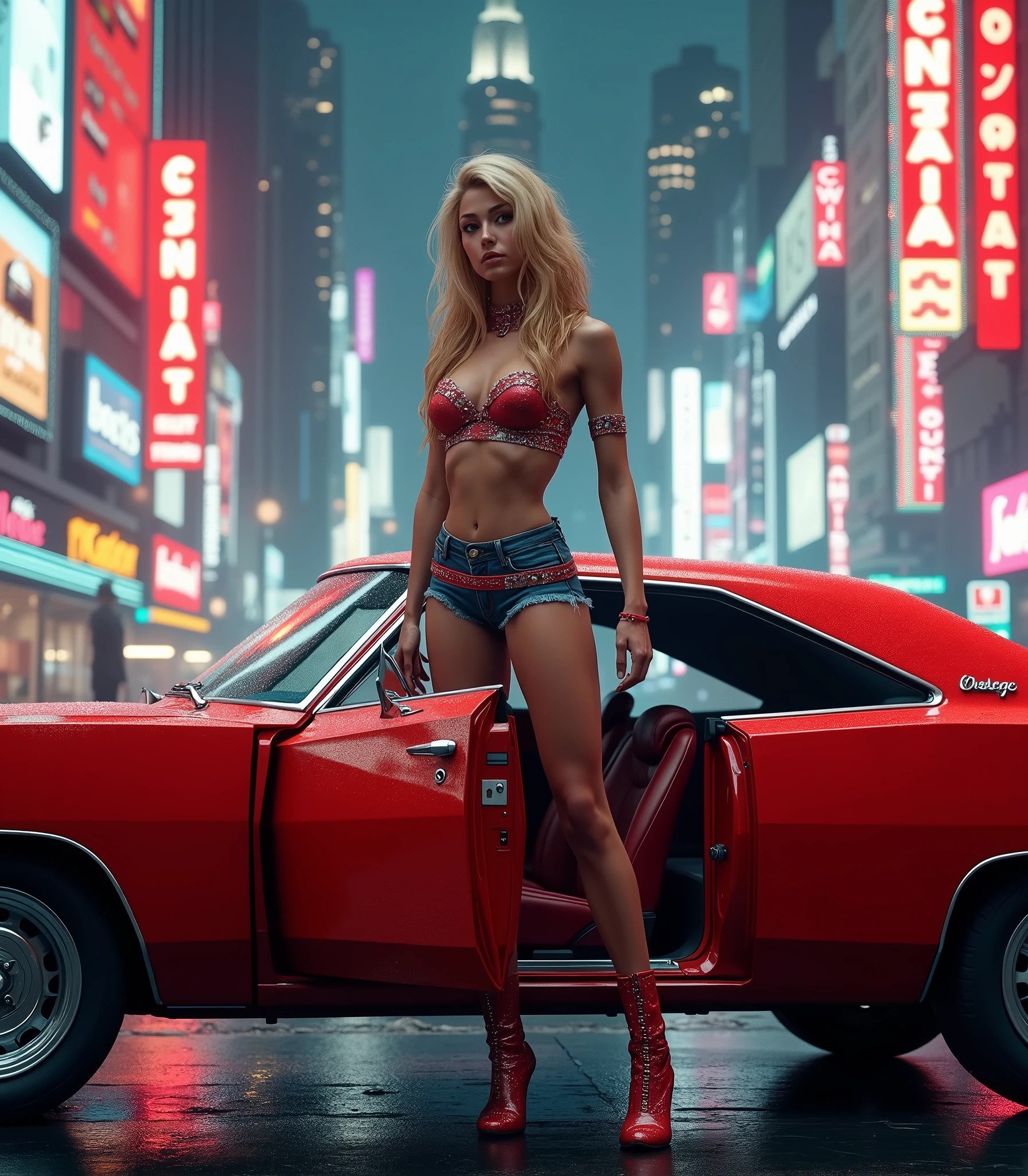 Photorealistic, extra detail, futuristic version of Daisy duke in a cyberpunk city, standing at the door of a red futuristic version 1969 dodge charger, coca cola signs