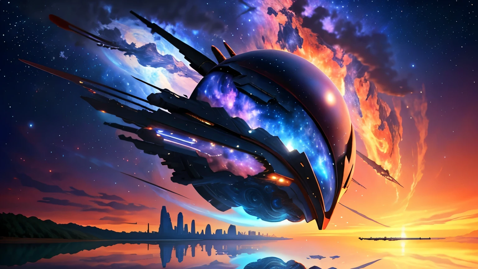 Super spaceship shaped like a ship hovering over a large lake, ultra detalhada, a nebula in the distance