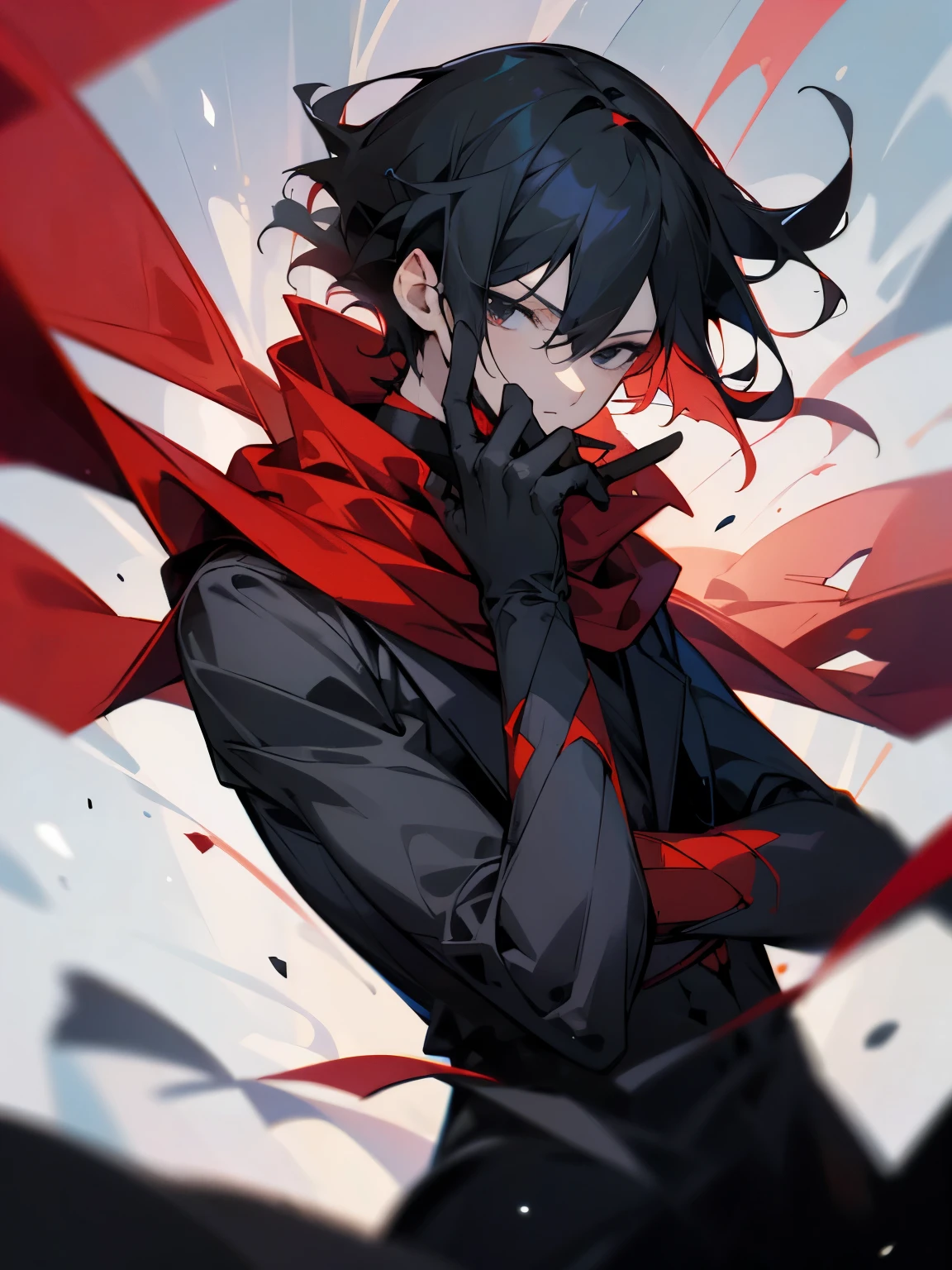 Man, short black hair, black eyes, wearing a black suit, red scarf, cool, high details.,male