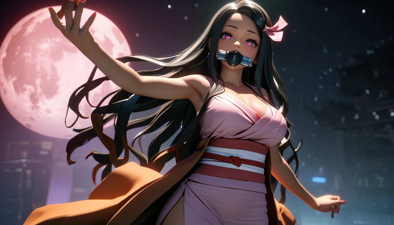 1 woman，Nezuko Kamado, masterpiece, 8K quality, (((red skinned girl))),(чрезвычайно подробные обои CG Unity 4k)masterpiece, (pink kimono), seductive face, good lighting, LF, Small parts, masterpiece, 1 girl, black hair, gag,  Nezuko Kamado, old losers,Night time,moon,masterpiece, Best quality, throw, whole body, wide hips,, black hair, Supernatural, 1 girl, One, Hip, Close-up, creepy, old (man:0.5), shiny complex details, spicy, 3D rendering, cinematic lighting, unreal engine, Blender, big breasts, Smirk、professional lighting、about, standing, very long hair, cowboy shot, brilliant, brilliant hair, (night:1.2),Dreamy, [[gentle fingers and hands:0.55]::0.85],(detailed fingers),),(emotional),(breathtaking),(main part:1.2) whole body.), (Anime Style), (Super Detailed), (brutal), (uhd, HDR), (8k), (High Resolution: 1.2), (Complex and Beautiful: 1.2)