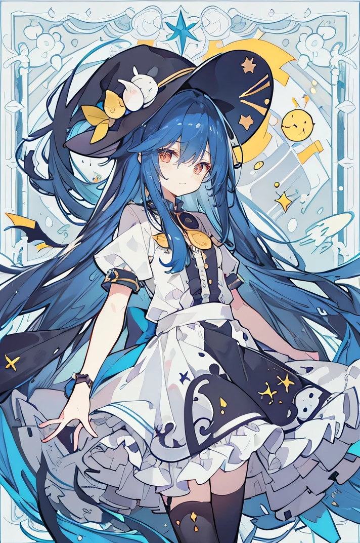 oung Girls,Humanity,A magician always smiles,big witch hat,cute,dark blue long hair,The eyes are dull,The bangs are heavy,Thin eyebrows,fantasy,intake,Double teeth,Star Theme,Constellation pattern,Solid color clothetal decoration,cloak,A bit of a dark atmosphere,A little crazy smile,When the big moon shines outside at night,blood,Hair black star embellishment,Short tie,No nails,High waist skirt,Bell sleeves,Long-sleeved shirt,Black tie,low risk,gentlemen。Mist、Yellow and white effect，Shocking pink as an accent color