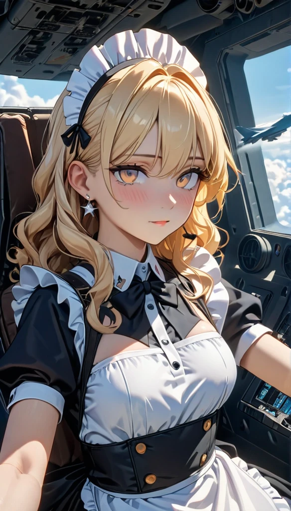 ((best quality)), ((masterpiece)), (detailed), perfect face, ((Best quality, 8k, Masterpiece: 1.3)), Sharp focus, Highly detailed face and skin texture, Detailed eyes, Light blonde, shoulder-length, wavy hair, star earrings, A maid costume with frills, white brim, high resolution, Textured skin, anime style, A maid boarding a fighter jet, maids acting as pilots, inside the cockpit, Air Force, Flying above the clouds