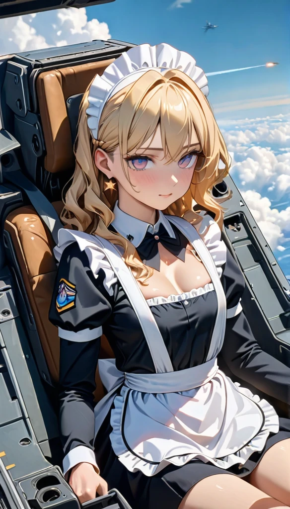 ((best quality)), ((masterpiece)), (detailed), perfect face, ((Best quality, 8k, Masterpiece: 1.3)), Sharp focus, Highly detailed face and skin texture, Detailed eyes, Light blonde, shoulder-length, wavy hair, star earrings, A maid costume with frills, white brim, high resolution, Textured skin, anime style, A maid boarding a fighter jet, maids acting as pilots, inside the cockpit, Air Force, Flying above the clouds