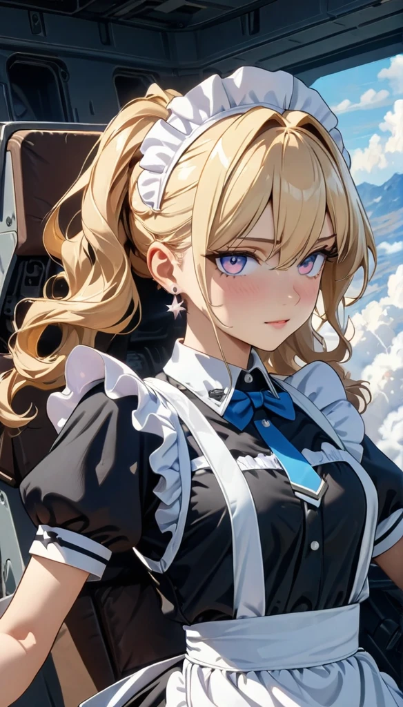 ((best quality)), ((masterpiece)), (detailed), perfect face, ((Best quality, 8k, Masterpiece: 1.3)), Sharp focus, Highly detailed face and skin texture, Detailed eyes, Light blonde, shoulder-length, wavy hair, star earrings, A maid costume with frills, white brim, high resolution, Textured skin, anime style, A maid boarding a fighter jet, maids acting as pilots, inside the cockpit, Air Force, Flying above the clouds