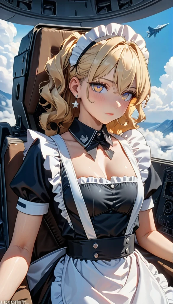 ((best quality)), ((masterpiece)), (detailed), perfect face, ((Best quality, 8k, Masterpiece: 1.3)), Sharp focus, Highly detailed face and skin texture, Detailed eyes, Light blonde, shoulder-length, wavy hair, star earrings, A maid costume with frills, white brim, high resolution, Textured skin, anime style, A maid boarding a fighter jet, maids acting as pilots, inside the cockpit, Air Force, Flying above the clouds