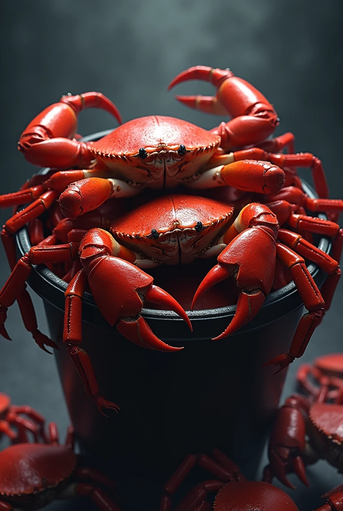 "A bucket filled with red crabs. One crab is trying to climb out of the bucket, while several others are pulling it down, preventing it from escaping. The scene is dramatic, with a dark background to highlight the struggle. The crabs are detailed, showing their claws gripping each other, and the color palette includes bold reds and blacks to emphasize tension and contrast."