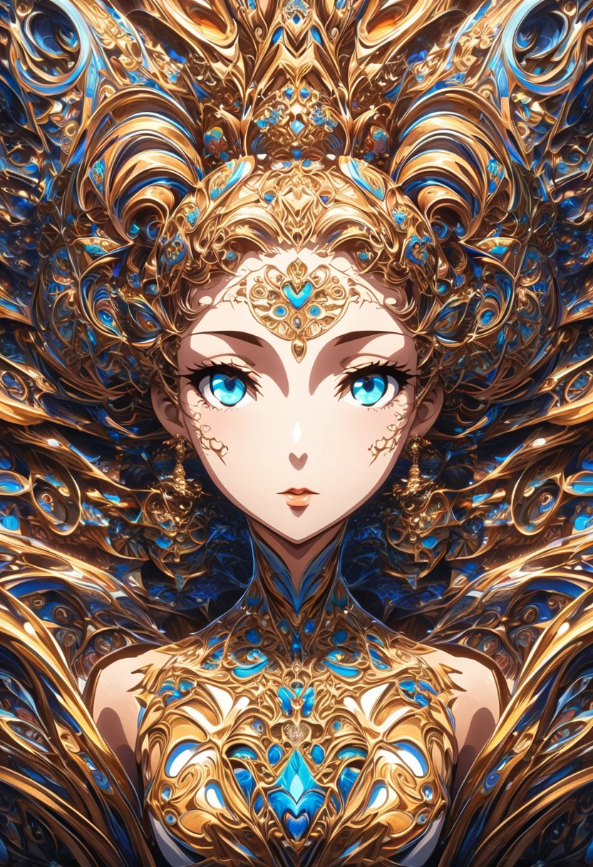 Ink painting, (((1 girl )), (((Tattoo in the middle of the forehead))), (((Oiran))), (((Great hair accessories))), Demon possession, , (((Masterpiece、Top quality للصورة、Highest quality、وحدة Very detailed 8kWall paper))), ((And covered with jewelry, an illustration of a single girl、All body covered))、(((beautiful girl))), (Masterpiece, Top quality, Best quality, Official art, Beautiful and aesthetic:1.2), A girl stood alone in front of an amazing work of art., Her eyes are wide with admiration., (Very detailed), Face up close, (Fractal art:1.3), All body covered بدقة, The intricate patterns and colors of the Fractal artwork surrounded her, Every line and curve is carefully designed..Colorful spirals and geometric shapes blend seamlessly., Resulting in the creation of a stunning piece that captured the essence of abstract beauty.. (Top detailed), Every little detail is meticulously drawn., She invited viewers to explore the depths of art and lose themselves in its complexities..
