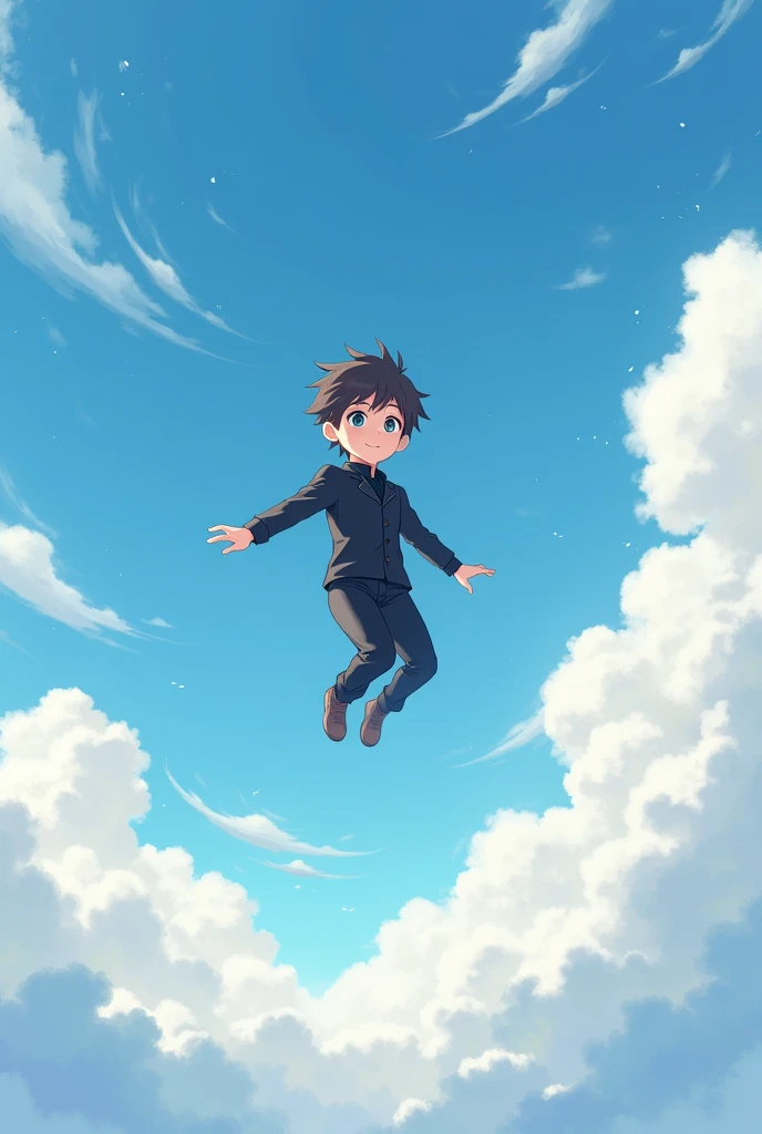 A cute boy black cloth,fly in a sky, in anime for whatapp profile size unique