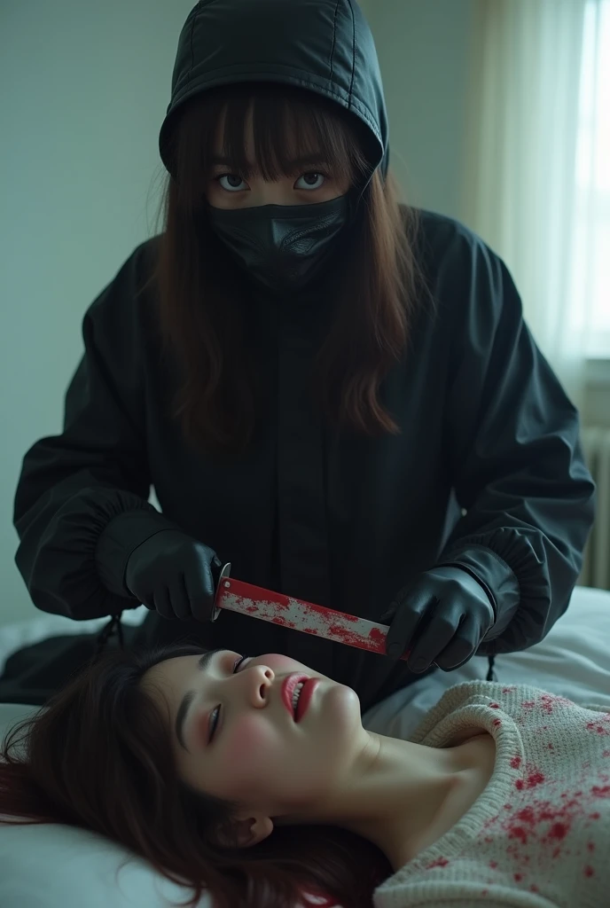 korean girl, (behind stiff, holding knife), stabbing, leather balaclava mask, black gloves, bloody room, black raincoat, bloody knife, black gloves, woman on top, white room, behind cadaver, blood splatter, on the bed, looking at viewer, mass murderer, killer, blood splatter, light from the window, close-up,
