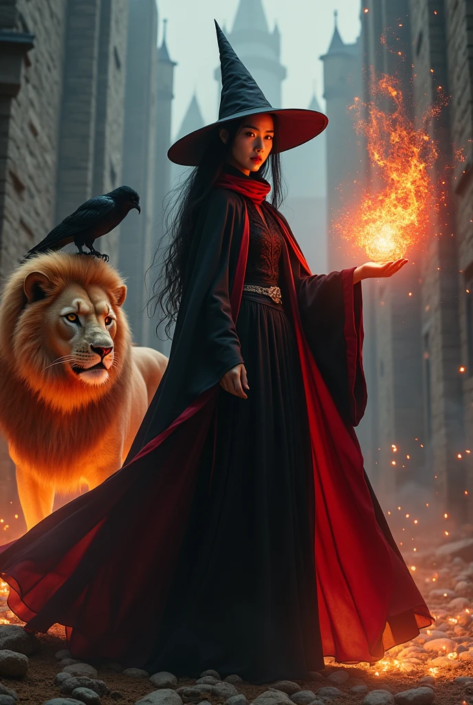 photo, asian woman, white skin, Facing straight, Fluffy black hair, Long slender fingers, Black witch cloak, Red Hood, black witch hat, Sexy, There is a fireball in his hand., There were several red sparks and red smoke coming out of his hand., A black owl stands on the right shoulder., A large golden lion appeared from the left rear side., The background is an old black European style castle.