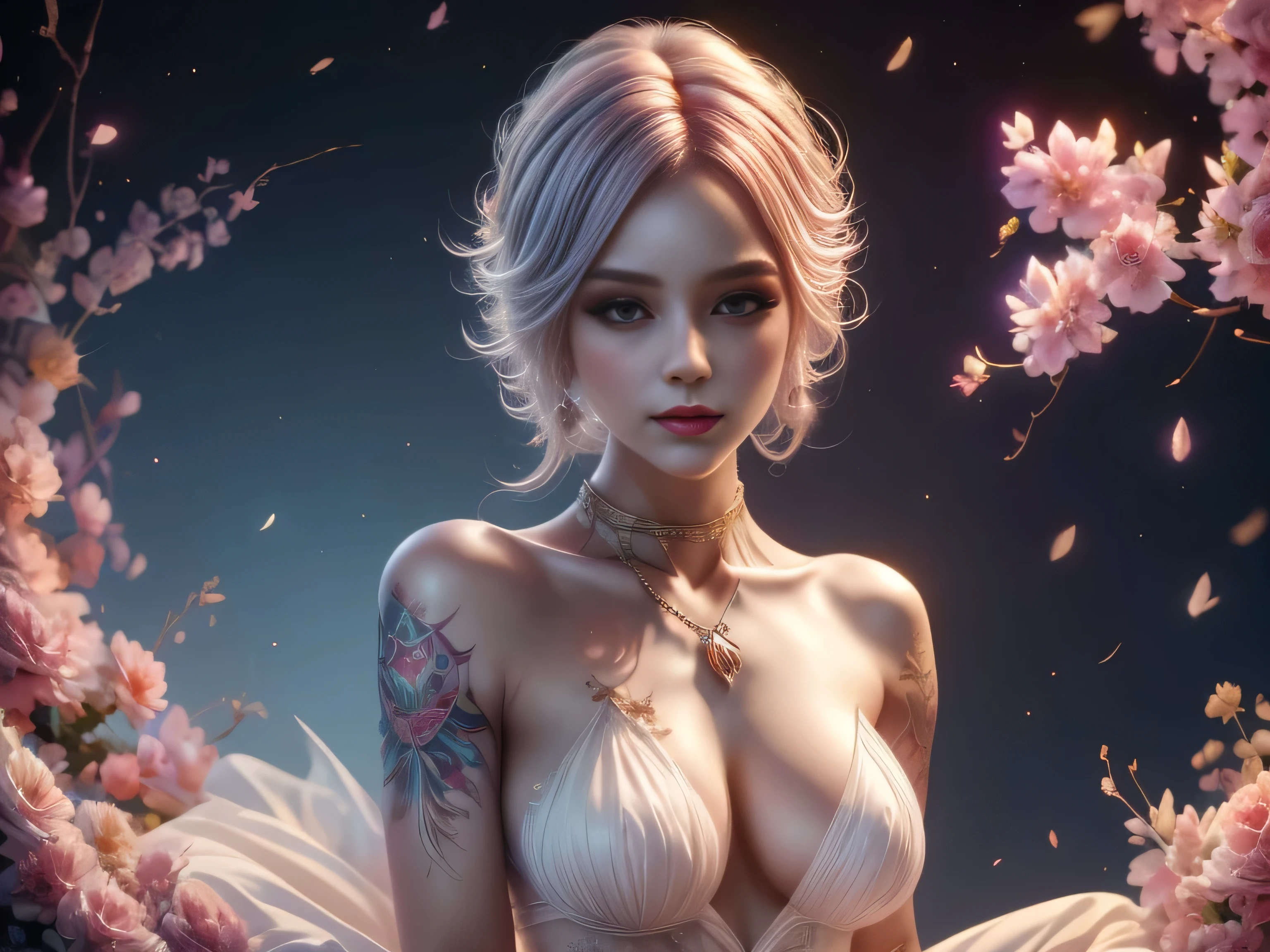 (Best Quality, 8K, Masterpiece, HDR, Soft Light, Picture Perfect, Realistic, Vivid), Full body photography of Goddes, (Clear Focus: 1.5), (Reality: 1.4), There is a naked goddess of darkness lying on a luxurious bed, she has a beautiful face, long pink hair, silver eyes, smoky makeup and black lipstick, on her body is a thin transparent layer that is covered with tattoos, she has a seductive look and she lies in a seductive pose, an aura of dark smoke surrounds her, (ultra high-quality fantasy art, dark fantasy style, masterpiece, ultra high-quality character design, 8k quality anime art, realistic anime art, high-quality wallpaper illustrations, detailed ultra-high-quality accurate face, high-quality design and accurate physics), (Accurate simulation of the interaction of light and materials)], [High-quality hair detail [More about the beautiful and shiny pink hair]], (Beautiful detailed hands [perfect fingers [perfect nails]]], (perfect anatomy (perfect proportions)))) [[Full-length]], [Perfect color combination (Accurate imitation of the interaction of light and material)], [art that conveys the meaning of the story]