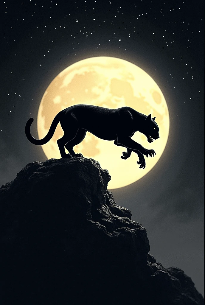 They create a drawing of a full moon setting with a black background and a panther jumping on top of the moon and there are mirrors on the sides