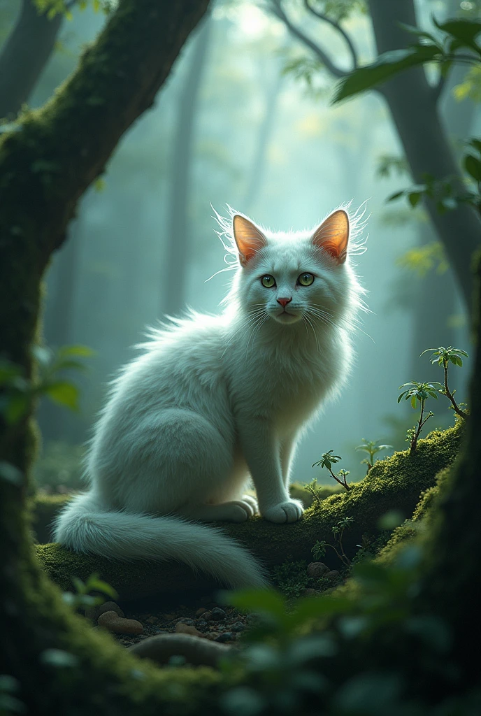Genrate a highly detailed and atmospheric scene of a mystical forest creature crouching in a misty woodland setting.