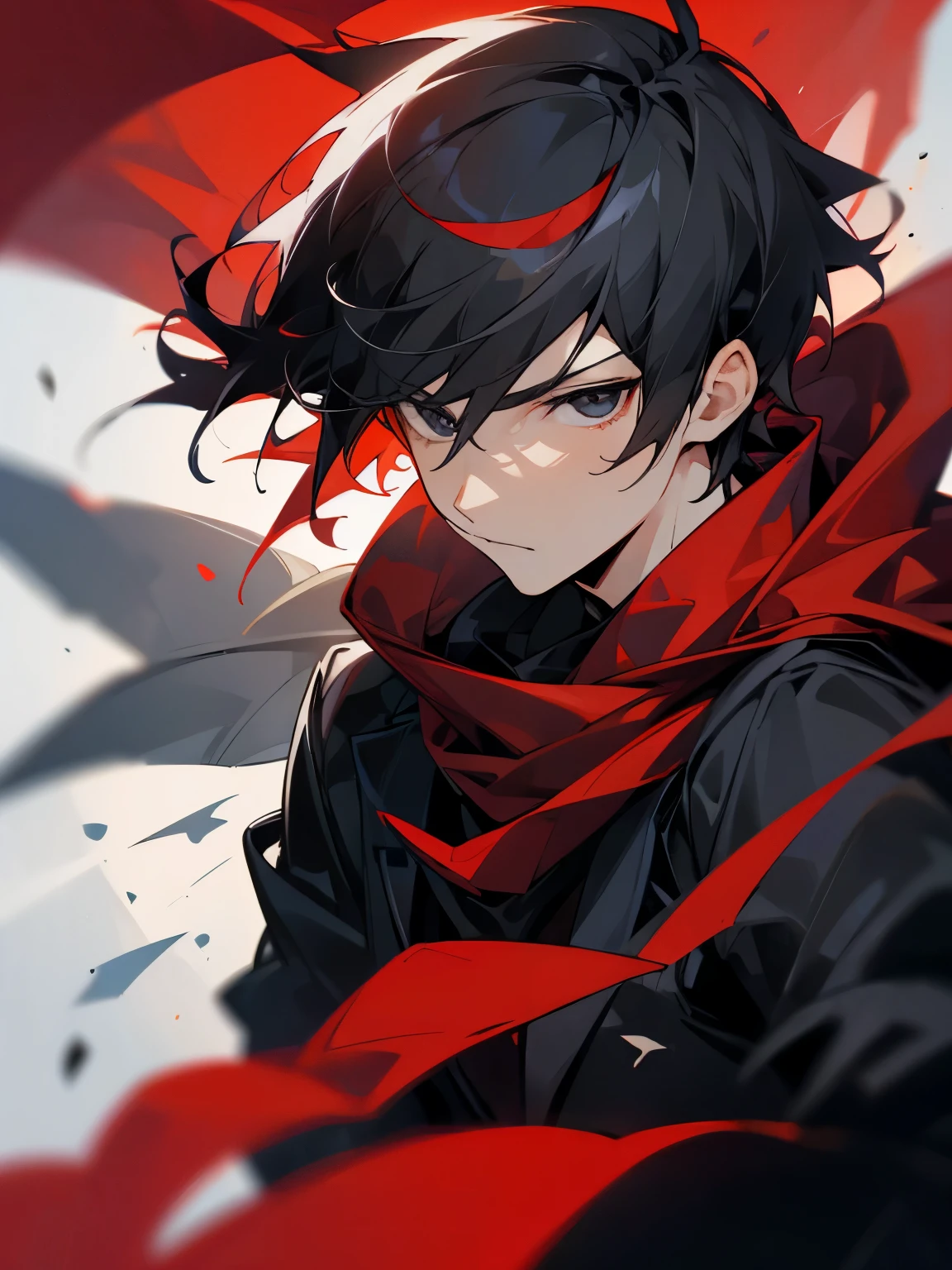 Man, short black hair, black eyes, wearing a black suit, red scarf, cool, high details.,male