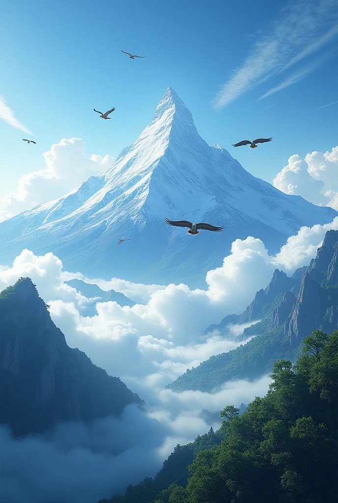 beautiful mountain with birds and clouds 
