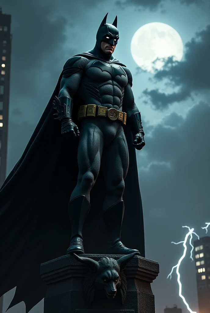 Batman, as portrayed by Christian Bale, stands in an iconic pose atop a towering gargoyle on a Gotham City skyscraper. His black cape billows dramatically in the wind, resembling the wings of a bat. The pose is powerful and heroic, with one foot firmly planted on the gargoyle and the other slightly bent, ready to spring into action. Batman’s body is slightly turned to the side, his face partially visible beneath the cowl, with his strong jawline and determined expression highlighted by the intermittent flashes of lightning in the stormy night sky. His white, glowing eyes scan the city below, filled with a fierce resolve. The Bat-Signal shines brightly in the background, calling him to action as he watches over Gotham with a vigilant, unwavering gaze.