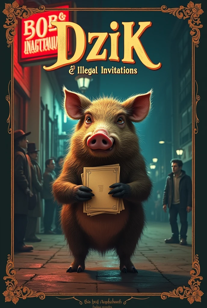 Make a movie poster which contains a boar which is sending invitations. Movie title Dzik & Illegal invitations
