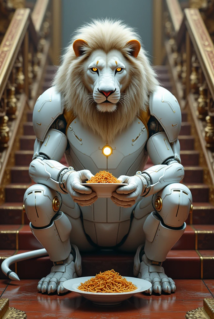 Lion in a white iron man suit sitting on stairs and eating chowmin