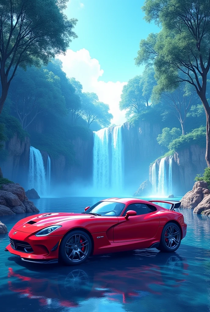 A car in red with blue trees and water falls