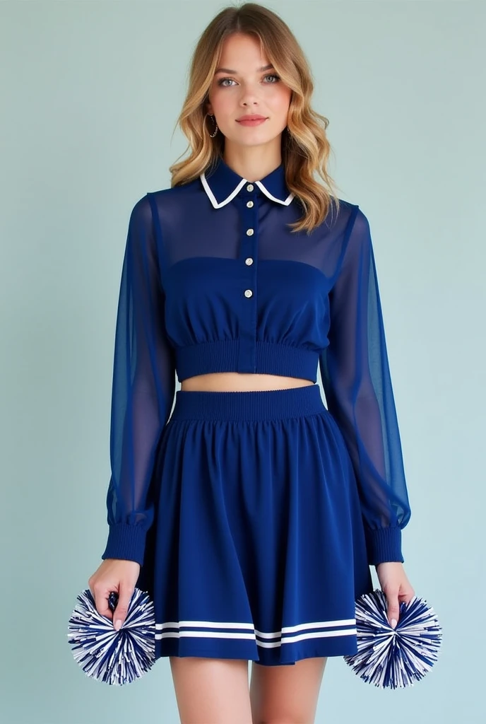 Create a set: blusa cropped manga longa, with ribbed cuff and collar, and elastic at the waist of the blouse + mini skirt flared, with elastic waistband, detail of two narrow white stripes on the hem of the skirt;
navy blue mesh; put pompoms in each hand in white and blue color