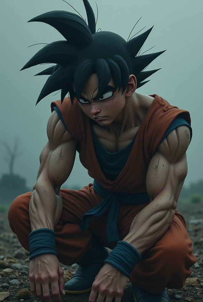 I want an ultra realistic photo of San Goku in depression, dejected and super sad attitude