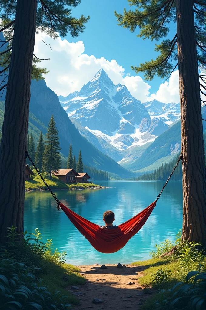 A serene mountain lake scene framed by tall trees, where a person relaxes in a hammock suspended between two trees, enjoying the tranquil view. The lake reflects the towering snow-capped mountains in the distance, with a few wooden cabins nestled along the shore. The sunlight filters through the leaves, casting dappled shadows on the ground, while the sky is a vibrant blue with fluffy white clouds. The overall mood is peaceful and contemplative, capturing a moment of solitude and connection with nature."