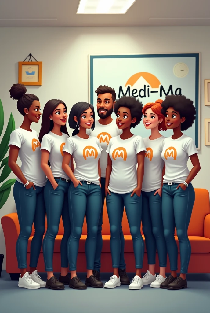 A team of women as well men employees stand with similar t shirt name with medi-ma also bulletin board name with medi-ma. the owner sit on the table name with piyush sain