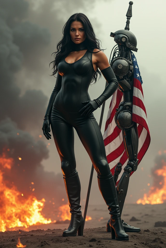 Gina Carano with muscular build wearing Futuristic black suit and black boots with Male Humanoid robot holding American flag with smoke and fire