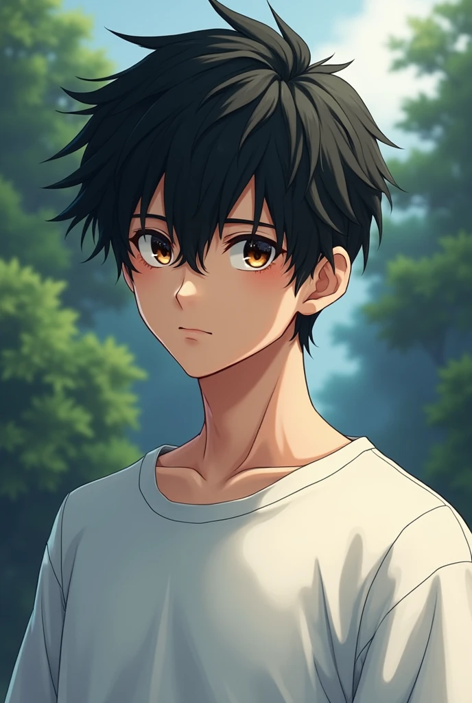 A HOT 16 years Anime BOy with Black hair Middle Part Wolf cut hair style and brow eyes and sharp jawline and handsome wearing a white oversized T-shirt long hair japanese Wolf cut hair style middle part Wolf cut handsome nature bg more hot Wolf cut mullet haircut and blur background