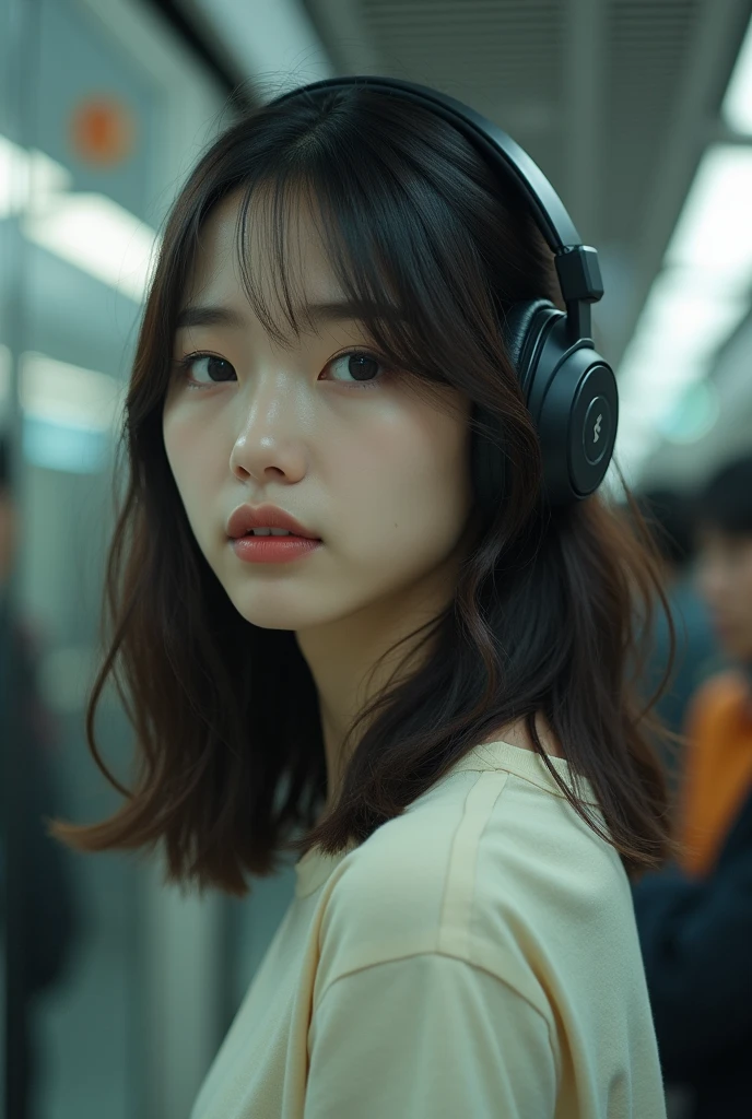 ((Ultra-realistic photos, ultra-high quality, 8k)),
Low Angle,Portrait,Girl,Actor,Korean,Shoulder Length Hair,Proud,Charming,Sad Eyes,Ri,Beautiful Lips,Simple T-shirt,Headphones On Head,
Japanese Subway Station Background,Daytime People,